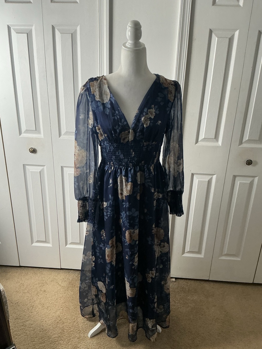 Boho Navy Blue Floral Smocked Maxi Dress Long Sleeve